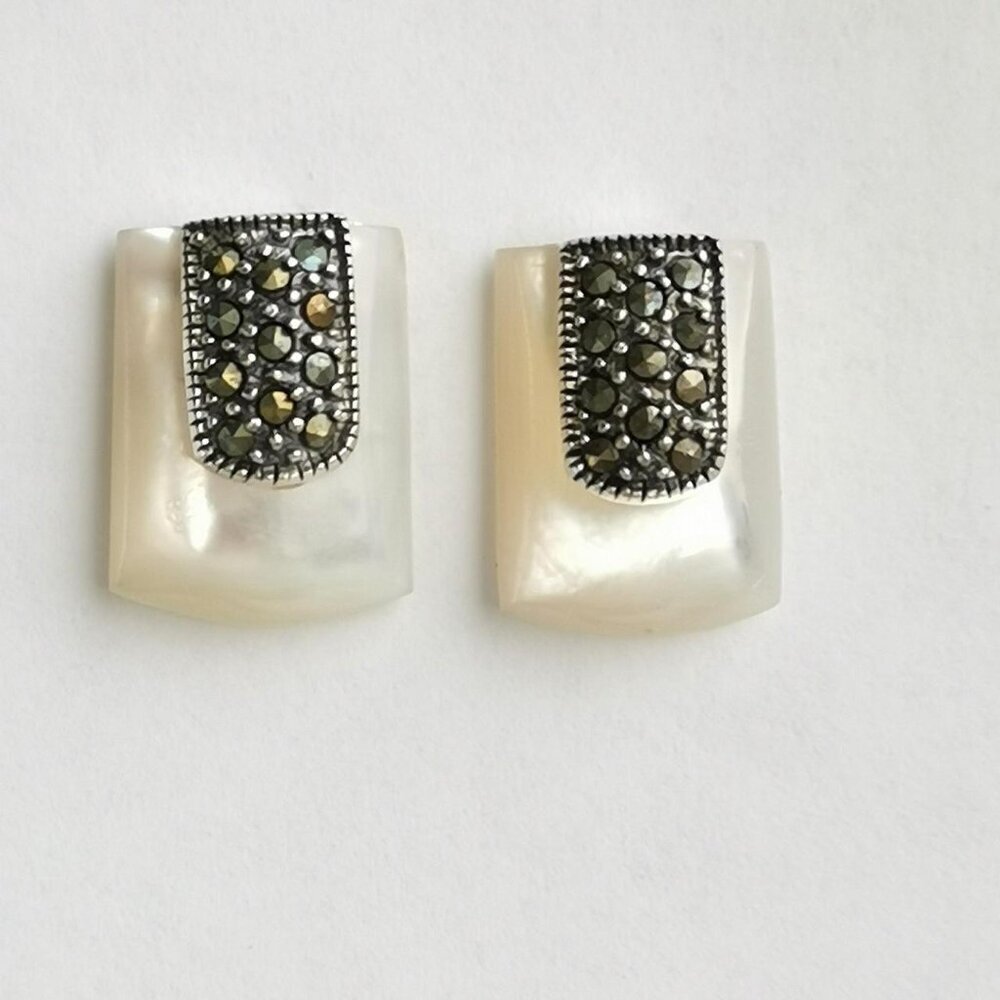 Mother of Pearl Marcasite Art Deco revival Earrings in Sterling Silver